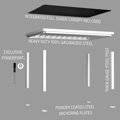 Windham 14' X 10' Modern Galvanized Steel Outdoor Patio Pergola Kit with Shade Sail Canopy and Powerport