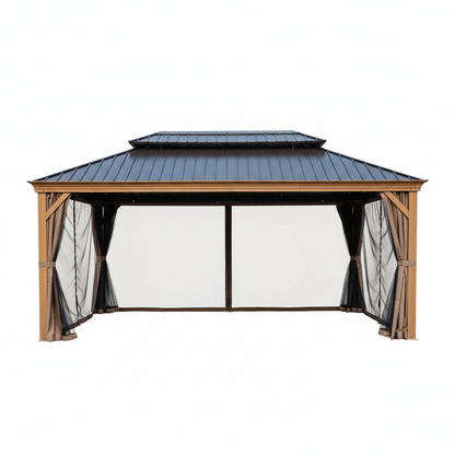 Apollo 12 Ft. X 20 Ft. W Wood like Aluminum Hardtop Gazebo with Galvanized Steel Roof and Mosquito Net